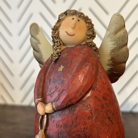 2 Curly Haired Angel Wing Figurines Red Robes Gold Heart Stars Christmas 6.5" - Picture 6 of 11